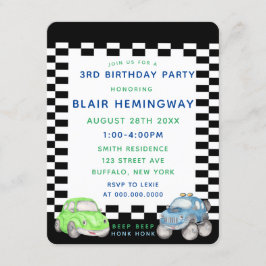 チェック柄の水彩画の車 男の子の誕生日パーティー 招待状