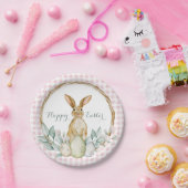 チェック柄の水彩花輪　ハッピーイースター ペーパープレート (パーティー)