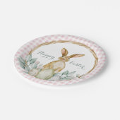 チェック柄の水彩花輪　ハッピーイースター ペーパープレート (アングル)