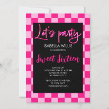 チェック柄の淡いホットピンクのレトロなSweet 16パーティー
