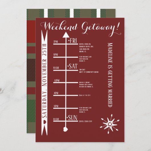 チェック柄の独身最後の週末旅行の予定 招待状 (正面/裏面)