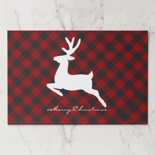 チェック柄の紙皿敷きの上のクリスマスツリーと鹿 ペーパーパッド (正面)