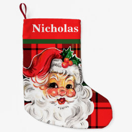 チェック柄の背景とヴィンテージサンタクロース スモールクリスマスストッキング