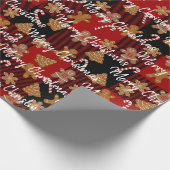 チェック柄の背景にジンジャーブレッドクッキーとキャンディーケーン ラッピングペーパー (角)