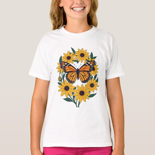 チェック柄の蝶とブラックアイドデイジーの花 Tシャツ (正面)