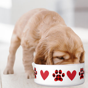 チェック柄の足跡とハート かわいい オリジナル 犬 ボウル