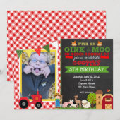 チェック柄の農業トラクターの誕生日パーティー招待状 招待状 (正面/裏面)