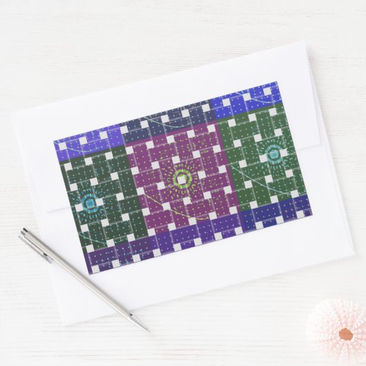 チェック柄の青と紫のアートプリント 長方形シール (封筒)
