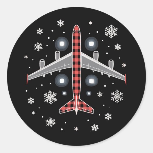 チェック柄の飛行機のクリスマスパイロット ラウンドシール (正面)