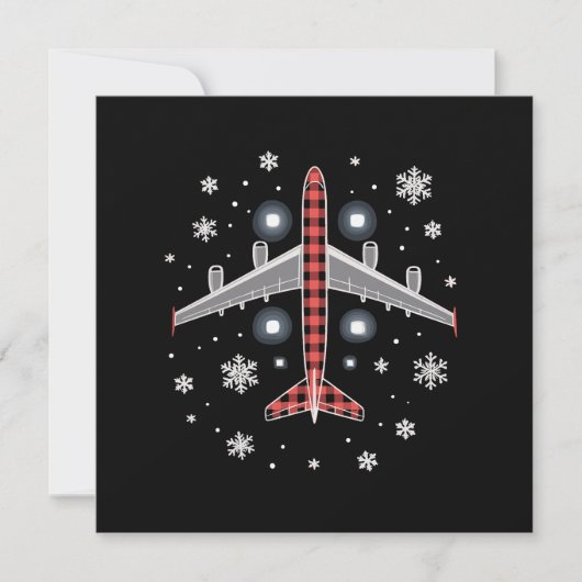 チェック柄の飛行機のクリスマスパイロット 招待状 (正面)