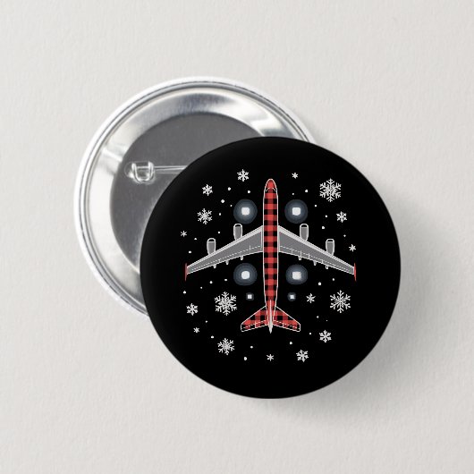 チェック柄の飛行機のクリスマスパイロット 缶バッジ (正面&裏面)