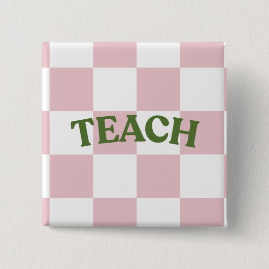 チェック柄の「Teach」ボタン 缶バッジ (正面)