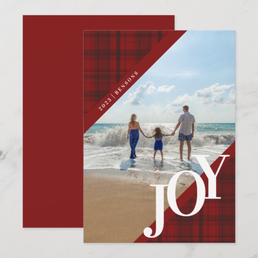 チェック柄のJOY 赤い斜めのホリデーカード シーズンカード (正面/裏面)