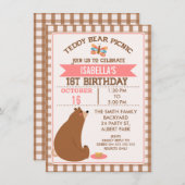 チェック柄テディベアピクニック1歳誕生日招待状 招待状 (正面/裏面)