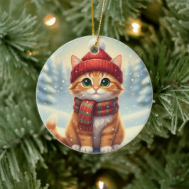 チェック柄マフラーをした猫の冬のクリスマス セラミックオーナメント