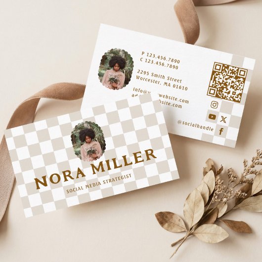 チェック柄 ソーシャルメディアインフルエンサー 写真 QR 名刺