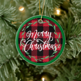 チェック柄 メリークリスマス - クリスマス オブジェ セラミックオーナメント