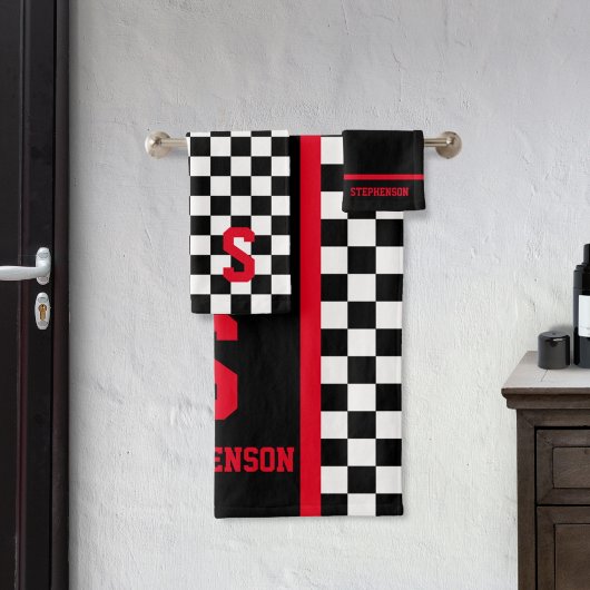 チェック柄 レース ストライプ 赤と黒 バスタオルセット