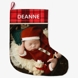 チェック柄 赤ちゃんの初めてのクリスマス 1枚の写真  ラージクリスマスストッキング