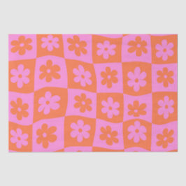 チェック模様のゆがんだレトロなピンクとオレンジの花 薄葉紙