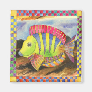 チェック模様のボーダー#3を持つ魚 マグネット