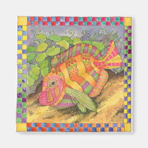 チェック模様のボーダー#5を持つ魚 マグネット