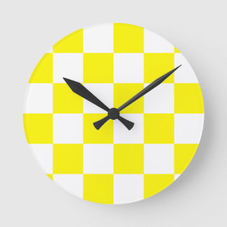 チェック模様の大きい-白およびレモン ラウンド壁時計