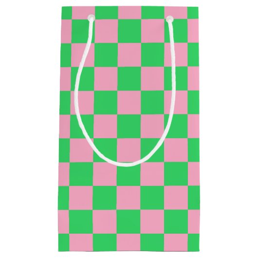 チェック模様の緑およびピンク スモールペーパーバッグ (正面)