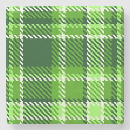 チェック模様の緑色パターン ストーンコースター (正面)