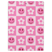 チェック模様の花と幸せな顔 ピンク クリップボード (裏面)