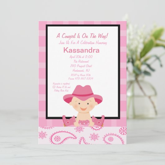 チェック模様の、西部の女性のカーボーイのベビーシャワーの招待状 招待状 (スタンド正面)