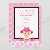 チェック模様の、西部の女性のカーボーイのベビーシャワーの招待状 招待状 (正面/裏面)