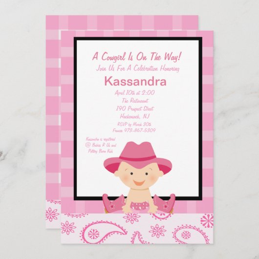 チェック模様の、西部の女性のカーボーイのベビーシャワーの招待状 招待状 (正面/裏面)