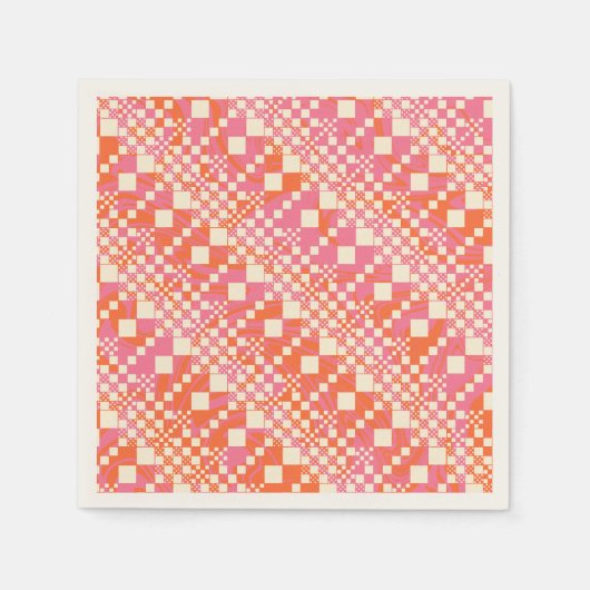 チェック済み、チェック – ピンク、オレンジ、クリーム スタンダードカクテルナプキン (正面)
