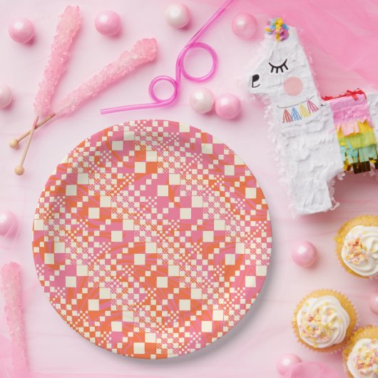 チェック済み、チェック – ピンク、オレンジ、クリーム ペーパープレート (パーティー)