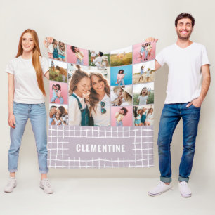 チェック16フォトモダンミニマル薄紫シンプルエレガント フリースブランケット