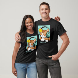 チェック・ミー・オゥ ブラウンの猫のヘッドホン - 名入れ可能デザイン Tシャツ