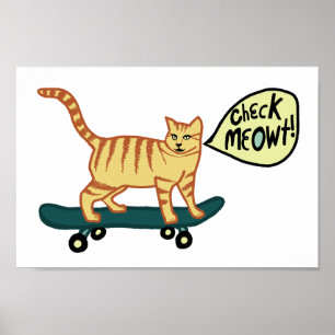 チェックMeowt Punny Skateboarding Tabby Cat ポスター
