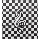 チェッモダンカーボードの白黒トレブルクレフ、 音符記号 シャワーカーテン (正面)