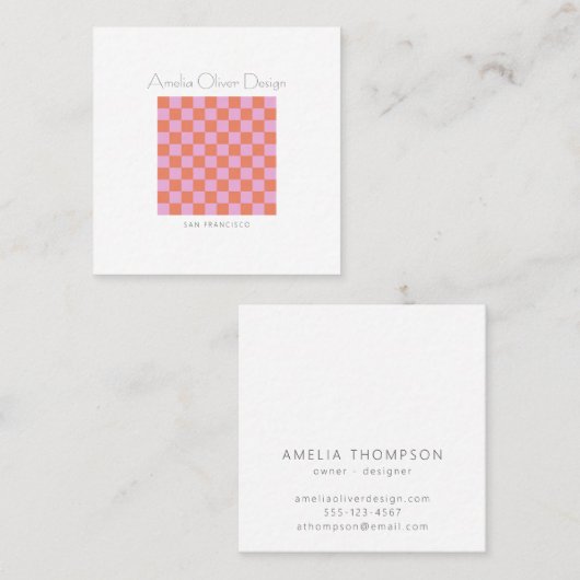チェッモダンカーボードピンクオレンジシンプルカスタム スクエア名刺 (正面/裏面)