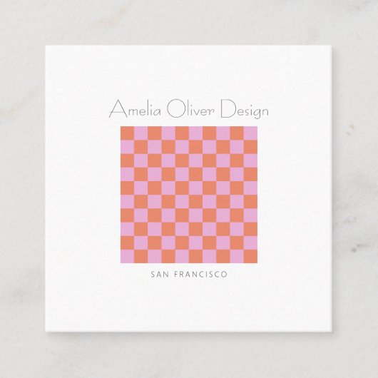 チェッモダンカーボードピンクオレンジシンプルカスタム スクエア名刺 (正面)