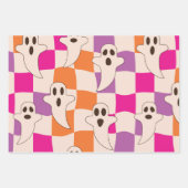 チェッ不気味カーボード上のハロウィーン幽霊パターン ラッピングペーパーシート (正面3)