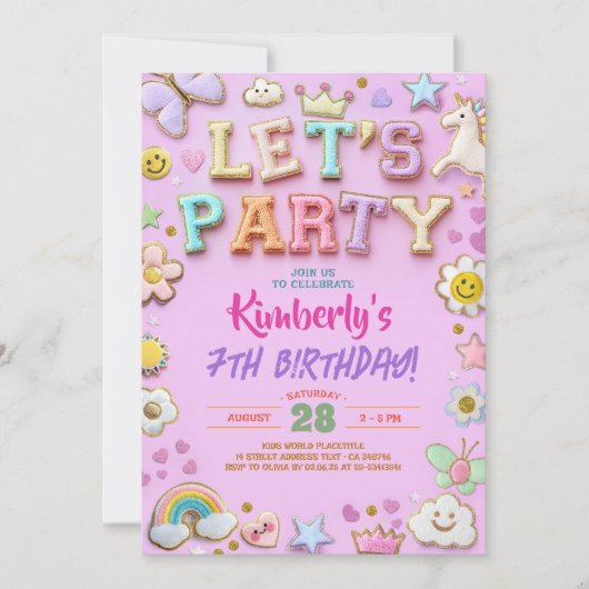 チェニール名門私立校風のパッチレターステッカー誕生日 招待状 (正面)