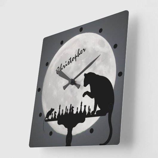 チェパーソナライズされたスの満月のネコとマウスゲーム スクエア壁時計 (傾斜)