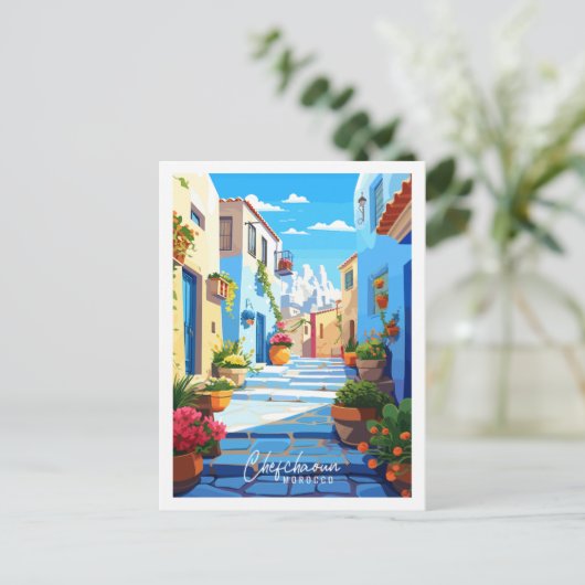 チェフチャオウンモロッコヴィンテージ旅行イラストレーション ポストカード (スタンド正面)
