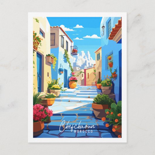 チェフチャオウンモロッコヴィンテージ旅行イラストレーション ポストカード (正面)