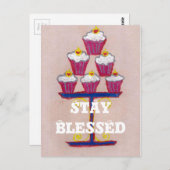 チェリーとピンクの背景のカップケーキアートプリント ポストカード (正面/裏面)