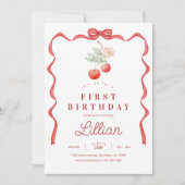 チェリーと赤のリボンフレーム誕生日 招待状 (正面)