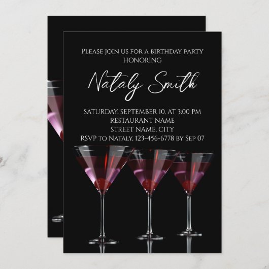 チェリーの入ったマティーニグラスの赤いカクテル 招待状 (正面/裏面)