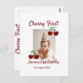 チェリーの初めての誕生日写真　子供　モダンな赤 ポストカード (正面/裏面)